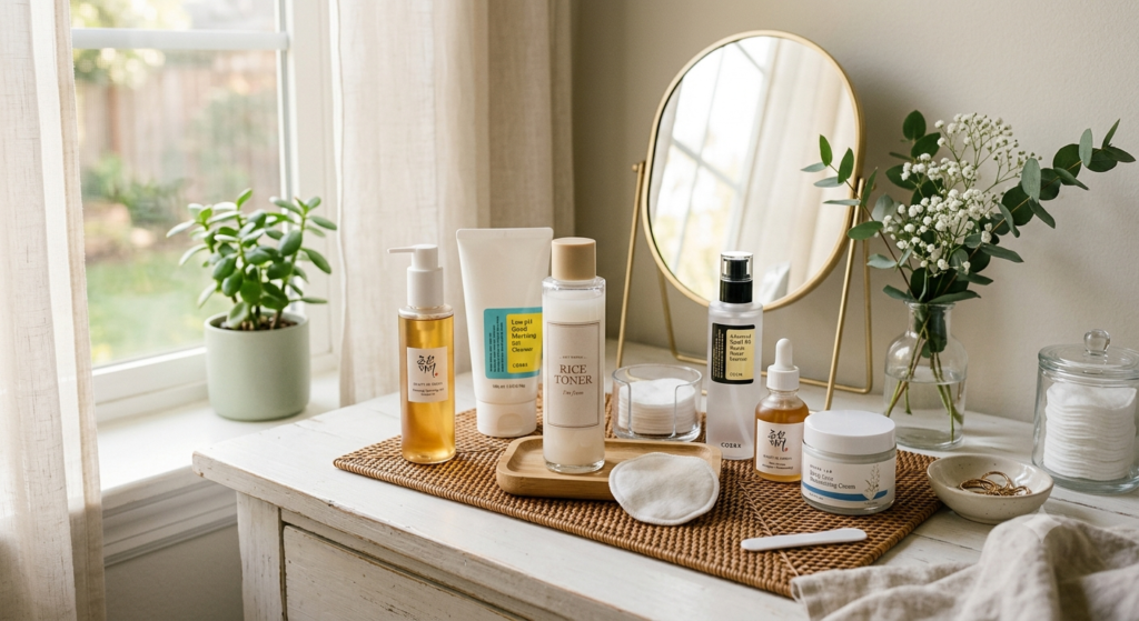 Aesthetic Korean skincare products and milky toner routine to get glass skin naturally